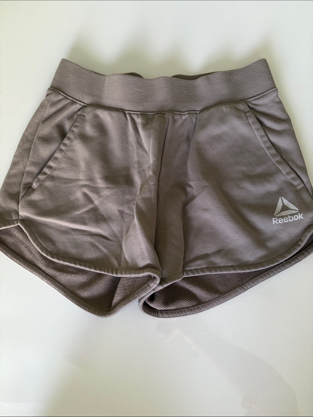 Reebok Women's Taupe Gray Athletic Shorts with Logo